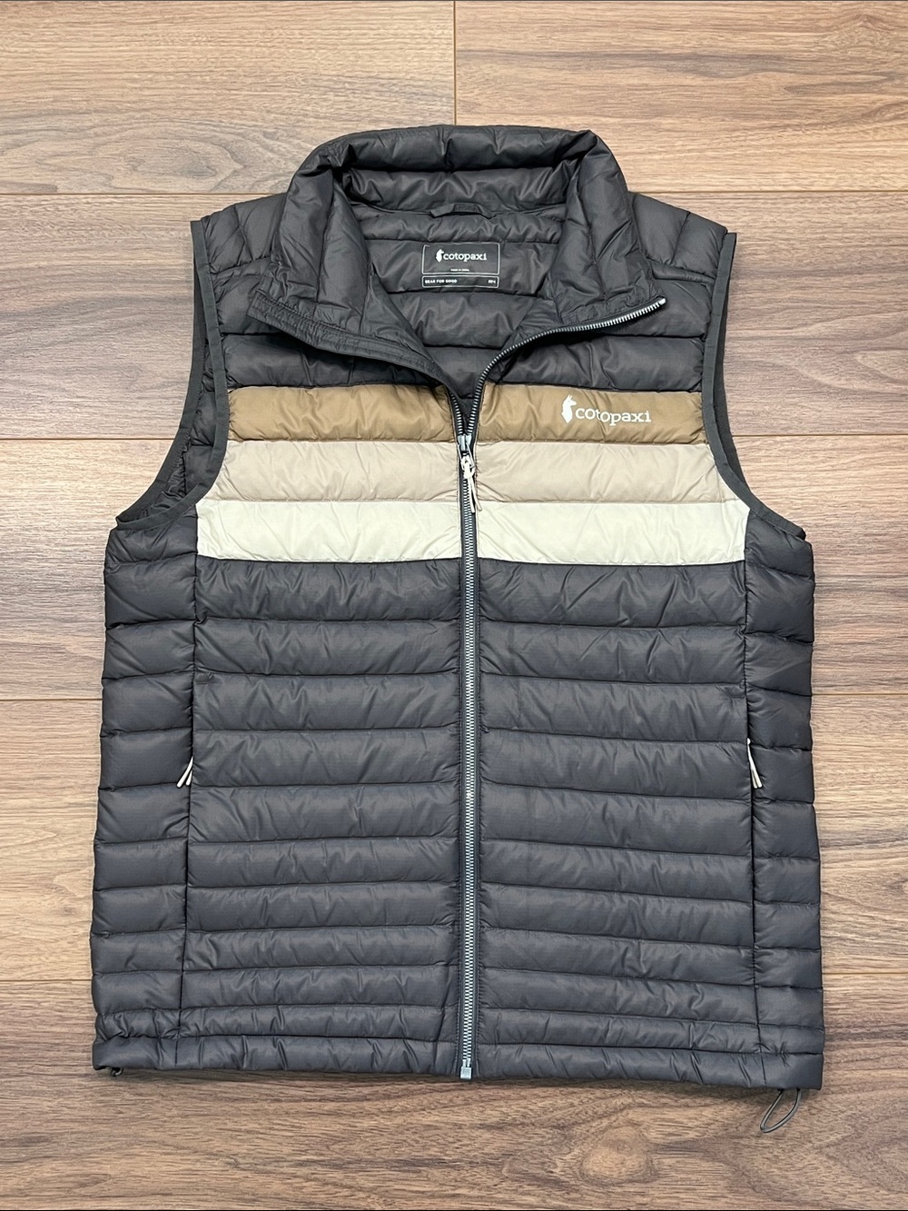 Cotopaxi Fuego Down Vest in Cinder Stripes Gray with Cream/Tan Size Medium